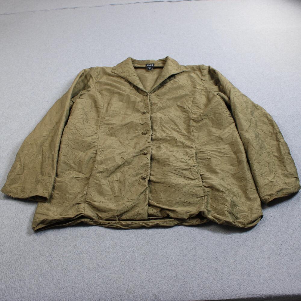 Eileen Fisher Silk Blazer Women Large Green Crinkle Jacket Lightweight Lagenlook